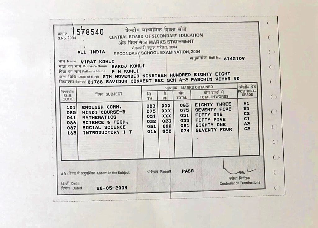 विराट कोहली ने शेयर की अपनी 10वीं की मार्कशीट, मैथ्स में फेल होते-होते बचे थे 'किंग' कोहली! 2 20230330 194420