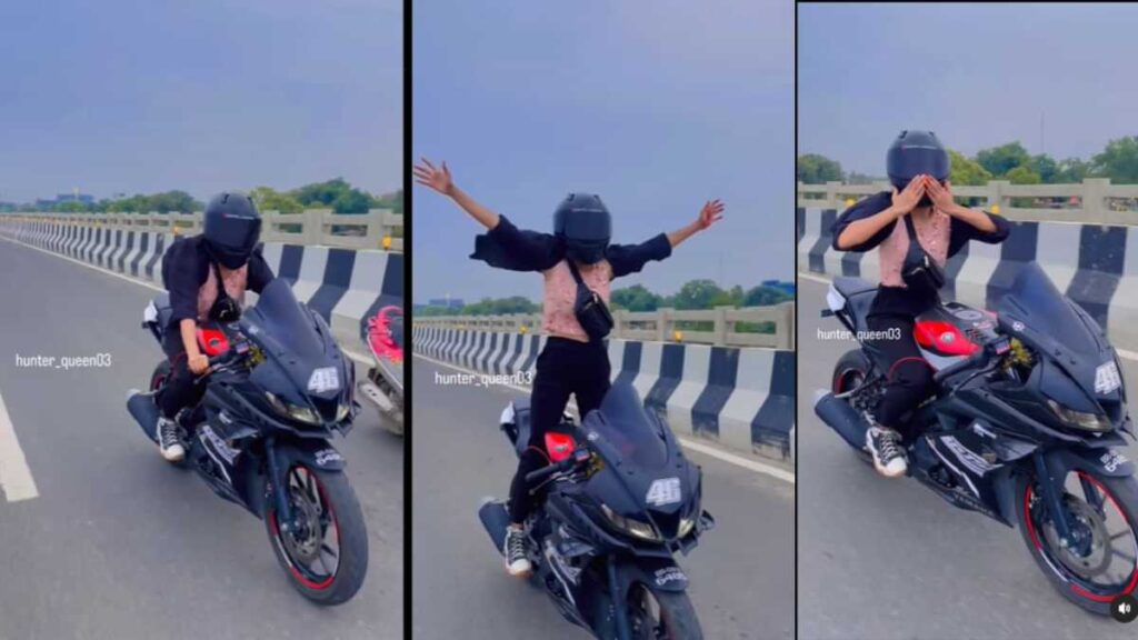 मरीन ड्राइव..हाथों में पिस्टल..और हंटर क्वीन नाम से लड़की का बाइक स्टंट:80 की स्पीड में लड़की ने बनाई रील, अब ढूंढ रही पटना पुलिस 1 shocking stunt viral video