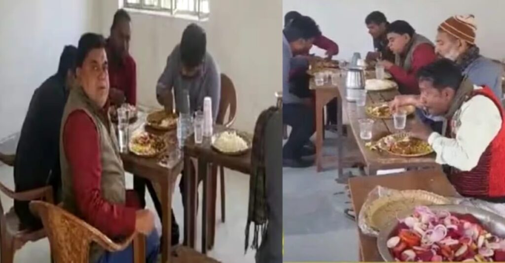जांच के नाम पर स्कूल में बेंच-डेस्क पर बैठकर मटन पार्टी कर रहे BEO साहब; केके पाठक के आदेश का उड़ रहा मजाक 1 20231214 174542