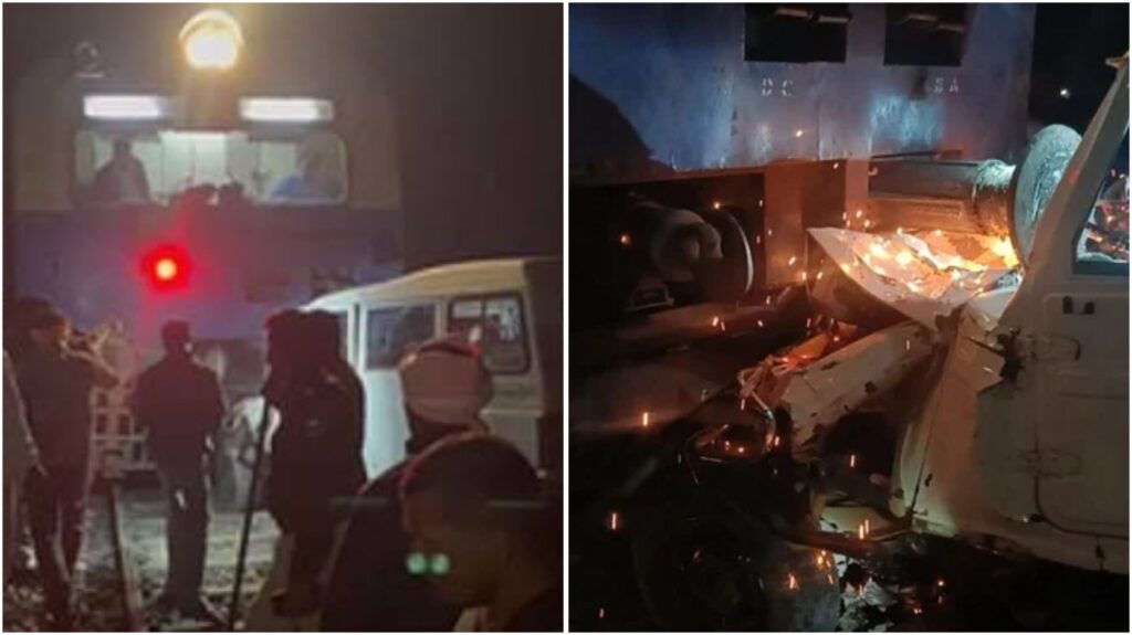 पटरी पार करते समय फंस गई बोलेरो, अचानक ट्रैक पर आ गई ट्रेन; जोरदार टक्कर 1 InCollage 20250301 151053973