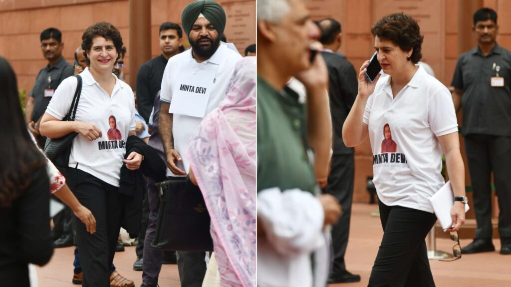 '124 नॉट आउट', बिहार की मिंता देवी के फोटो वाला टीशर्ट पहन संसद क्यों पहुंचीं प्रियंका गांधी? 1 InCollage 20250812 161551747