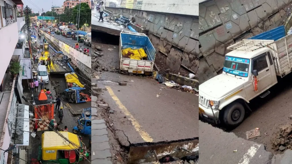 पटना में मीठापुर फ्लाईओवर के नीचे सड़क धंसी, पिकअप ट्रक समेत कई वाहन फंसे, मचा हड़कंप 1 patna me dhansi sadak