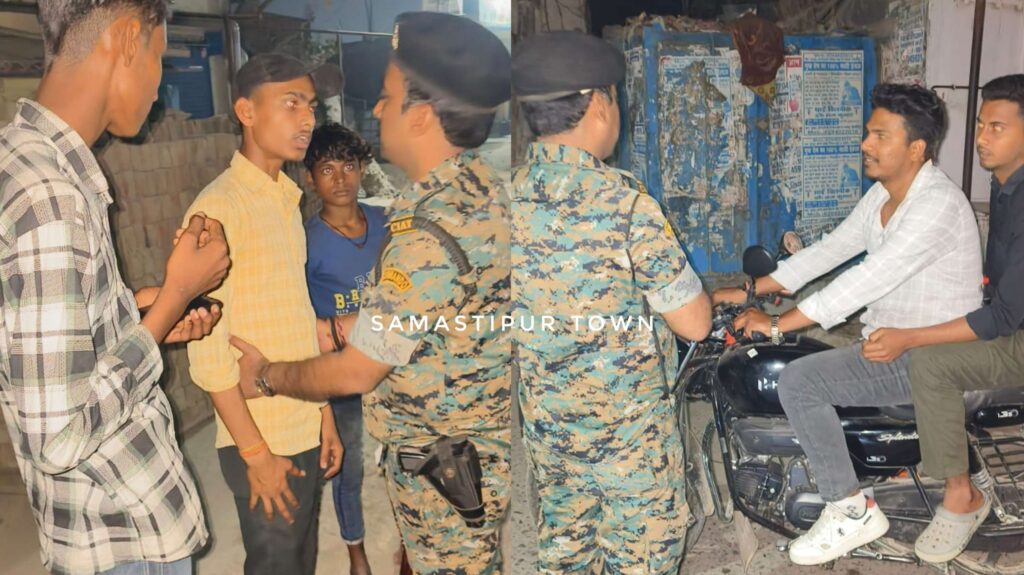 समस्तीपुर शहरी क्षेत्र में बाइक से सायरन बजाते हुए गली-गली रात्री गश्ती कर रही पुलिस 1 InCollage 20260312 100108815